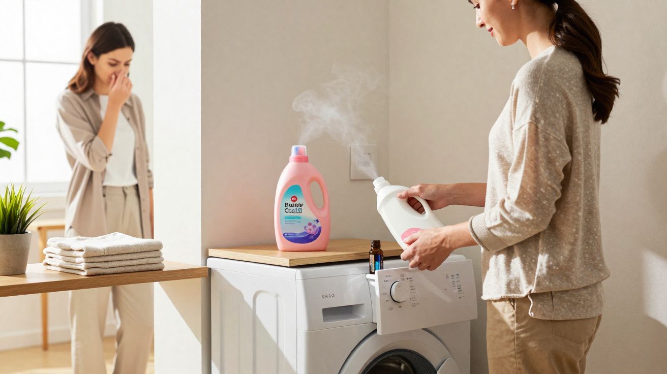 Mulher usando produto na máquina de lavar enquanto outra cobre o nariz por cheiro forte no ambiente.