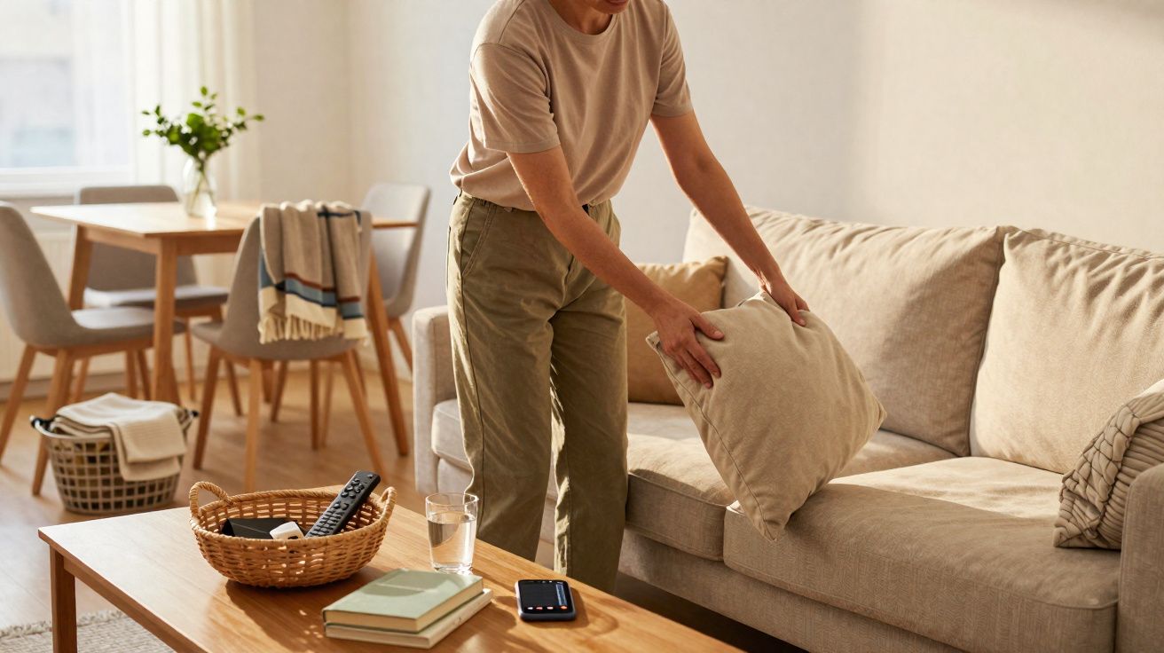 Pessoa organizando almofadas em sofá bege em sala de estar com mesa, livros e celular.