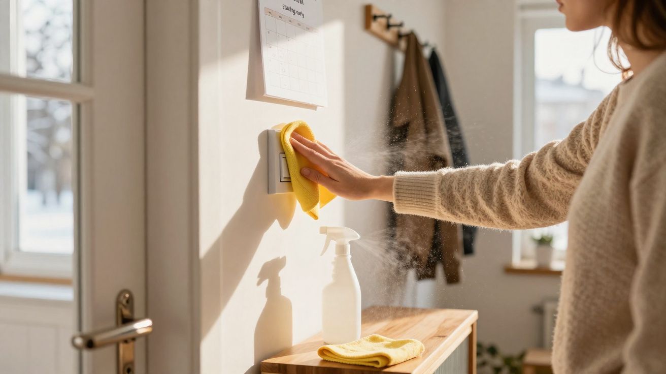 Pessoa limpando interruptor de luz com pano amarelo e spray de limpeza em ambiente arejado e iluminado.