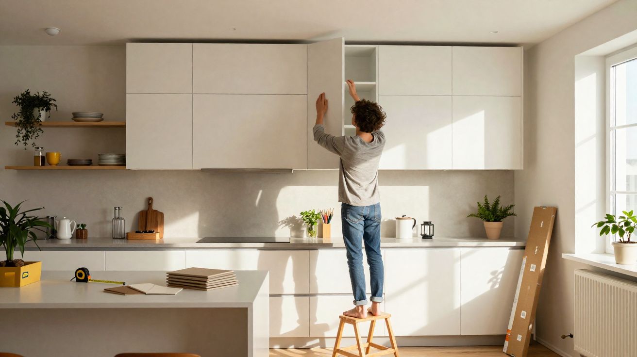 Pessoa em pé em um banquinho, abrindo armário na cozinha moderna branca iluminada pela luz natural.