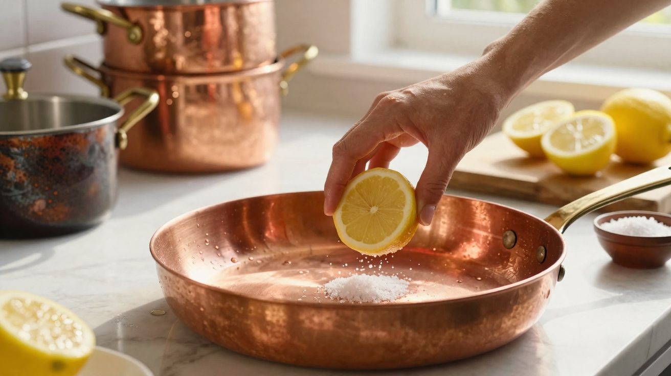 Mão espremendo limão sobre sal em frigideira de cobre em cozinha iluminada natural.