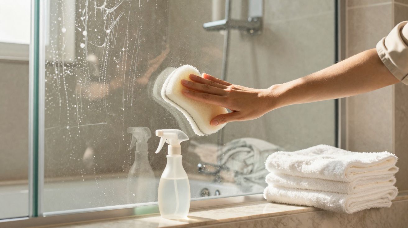 Mão limpando vidro do box do banheiro com esponja úmida, ao lado frasco borrifador e toalhas brancas.