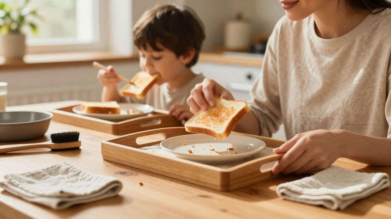 Criança e mulher sentadas à mesa com torradas e bandejas de café da manhã em ambiente iluminado.