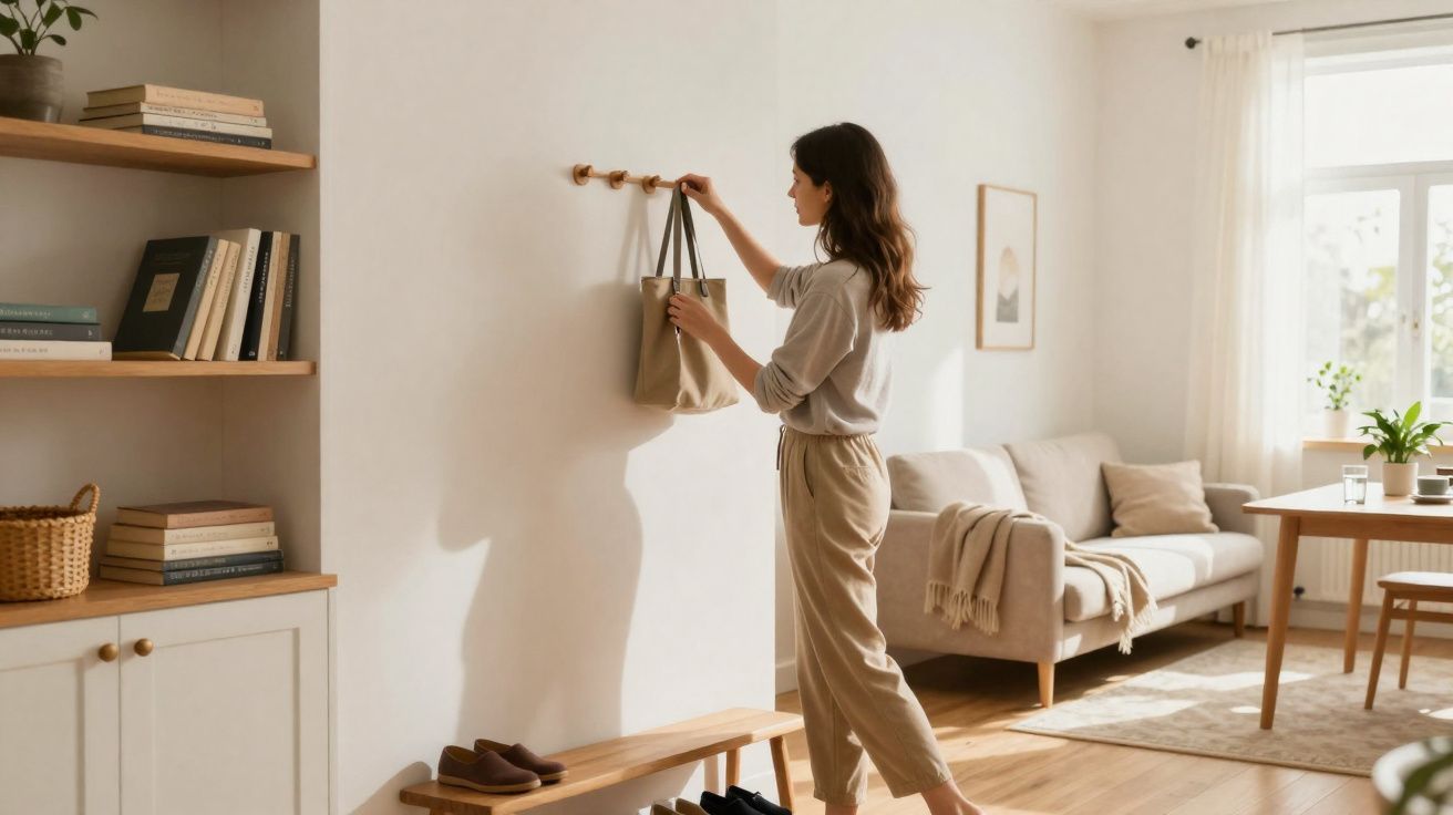 Mulher pendurando bolsa em gancho na parede em sala de estar com decoração clara e natural.