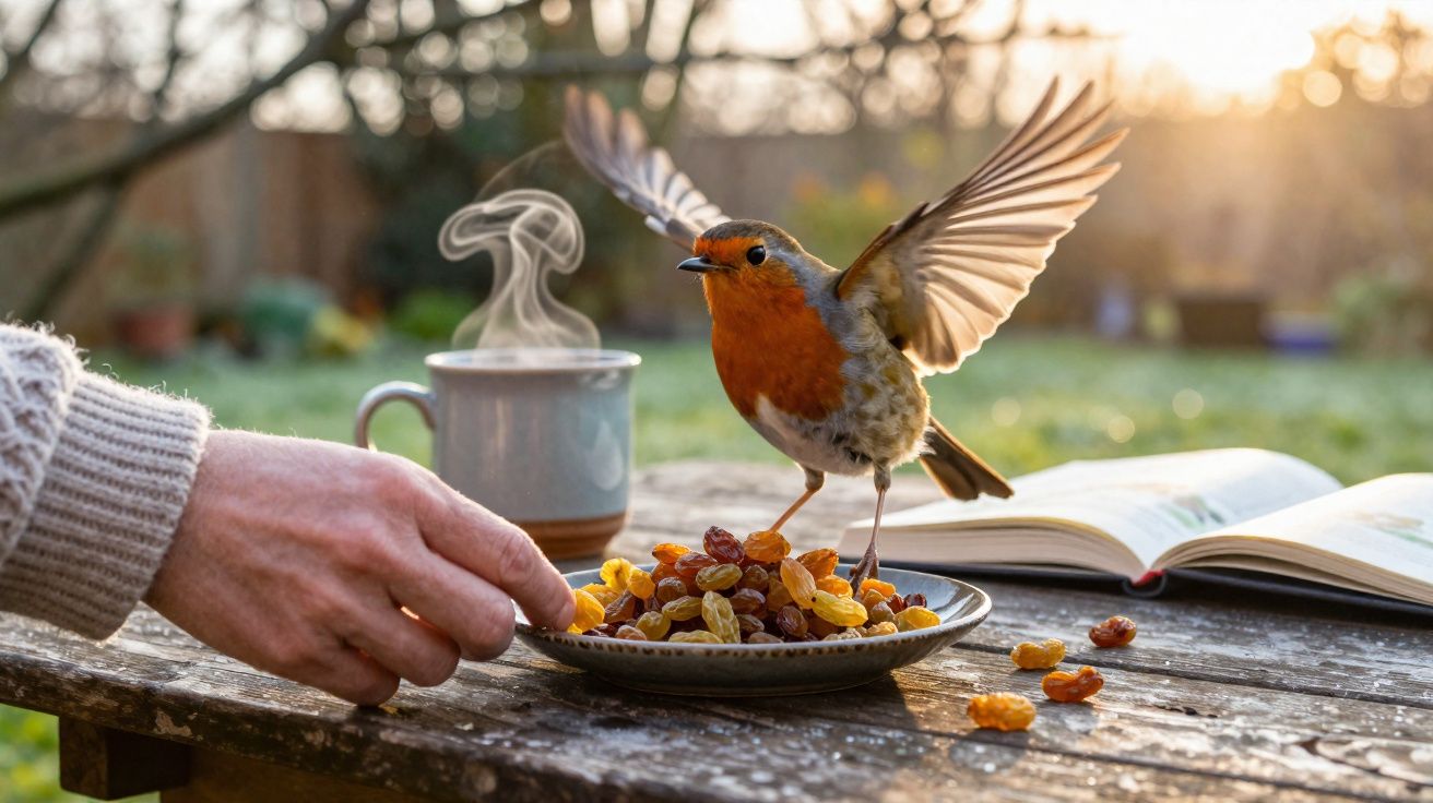 Pássaro pousado em prato com frutas secas enquanto mão humana alcança na mesa de madeira com xícara e livro.