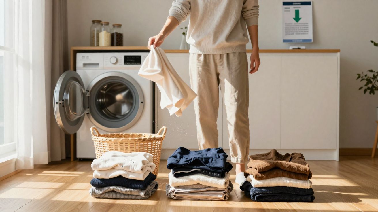Pessoa organizando roupas dobradas em três pilhas ao lado de máquina de lavar roupa aberta e cesta de vime.