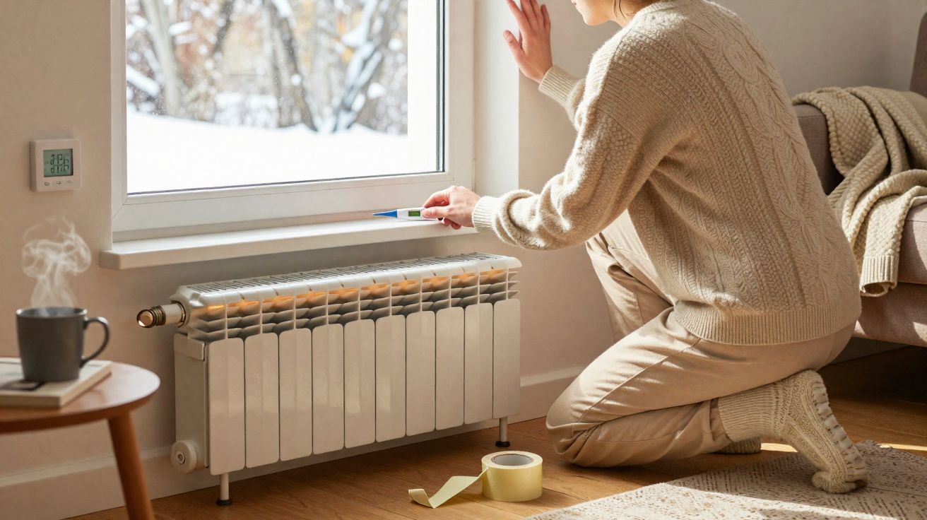 Pessoa de suéter bege ajusta termômetro perto de radiador ligado em ambiente interno aconchegante.
