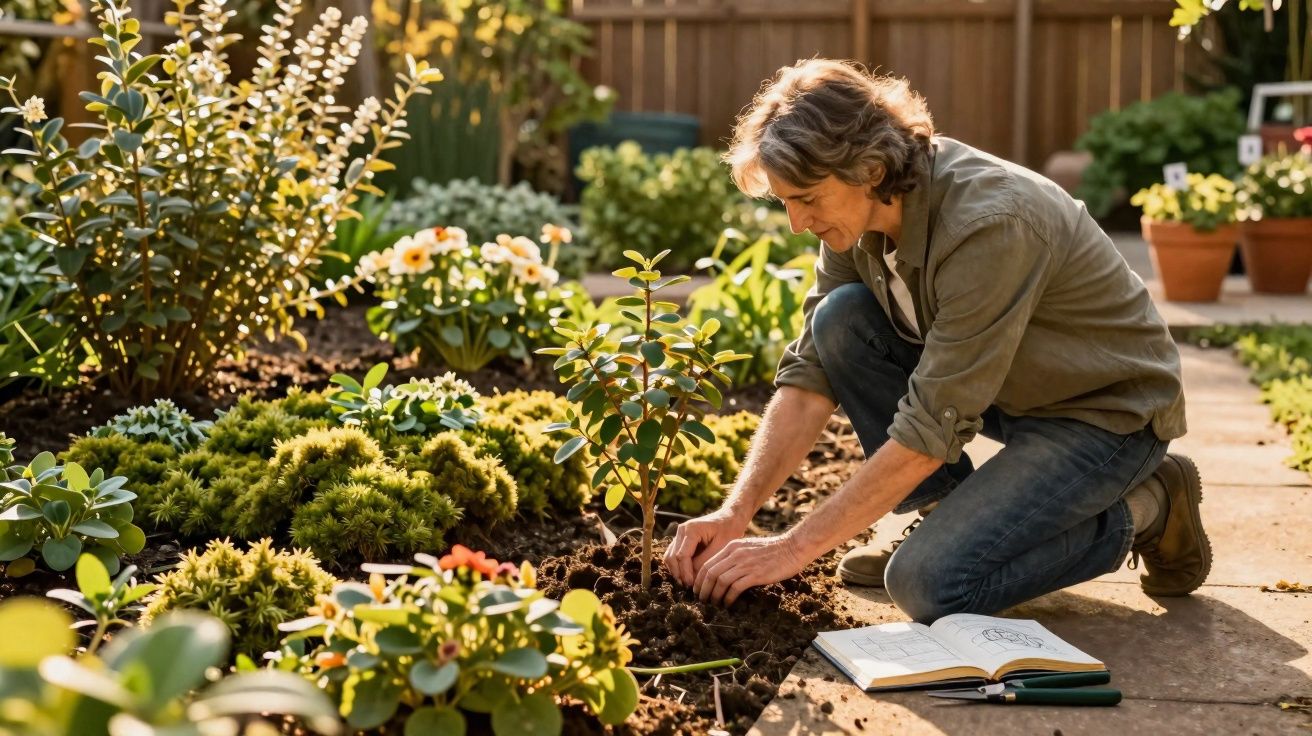 Homem ajoelhado em jardim cuidando de planta com livro aberto ao lado em dia ensolarado.