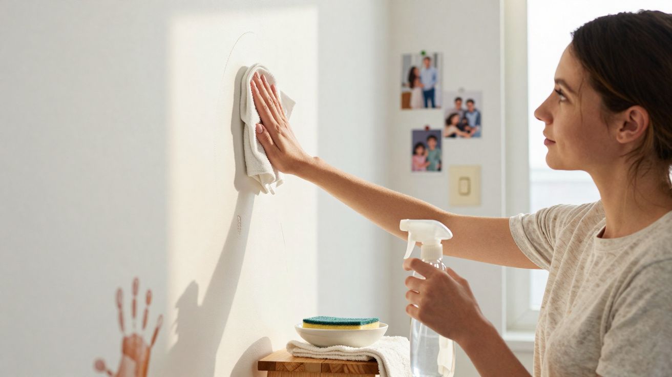 Mulher limpando manchas na parede branca com pano e borrifador em ambiente iluminado.
