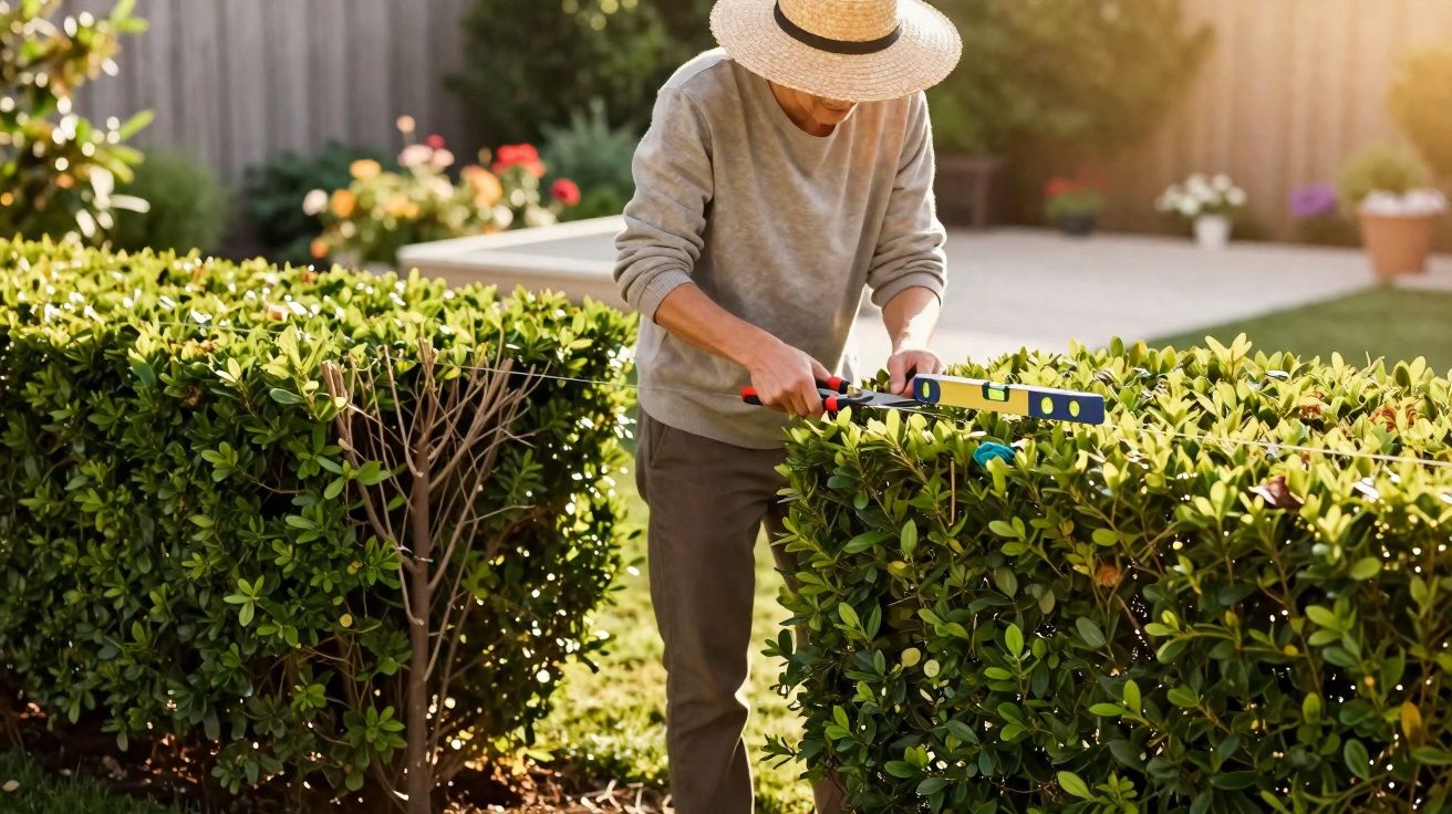 Pessoa com chapéu aparando sebes verdes com tesoura de jardinagem em jardim ensolarado.