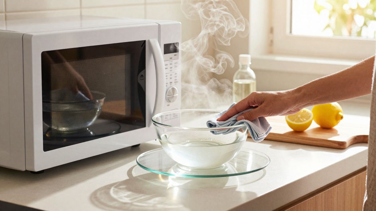 Mão segurando pano ao lado de tigela com água quente e vapor, micro-ondas e limões na bancada.