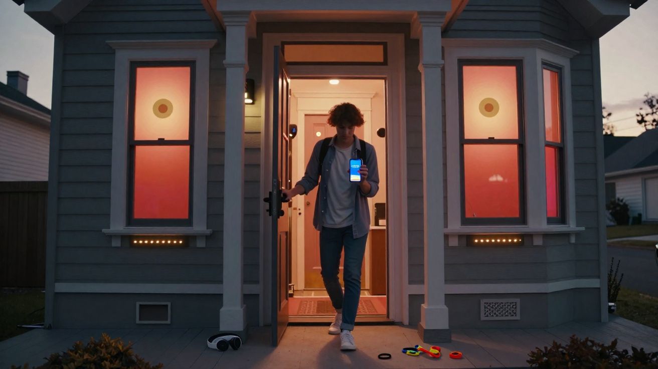 Jovem saindo de casa à noite com porta aberta, segurando celular com app de controle inteligente.