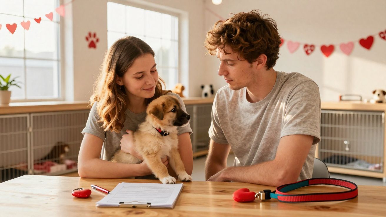 Casal jovem segurando um filhote de cachorro em mesa com coleira e documentos, em clínica veterinária.