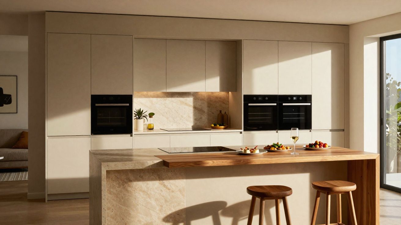 Cozinha moderna com armários brancos, bancada de madeira, banquetas e luz natural entrando pela janela.