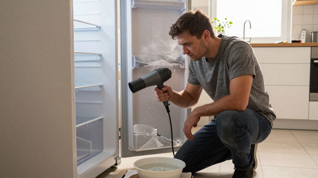 Homem usando secador de cabelo para descongelar geladeira aberta em cozinha.