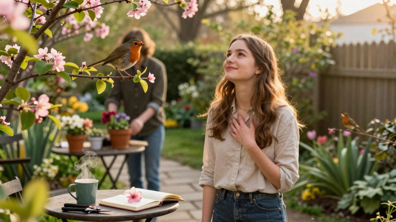 Jovem sorrindo no jardim com pássaros, flores e chá fumegante sobre mesa redonda.