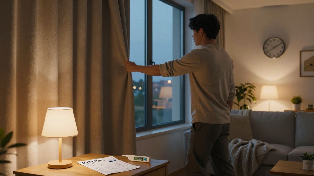 Homem abre cortina de janela em sala à noite com luzes acesas e relógio marcando 22h45.