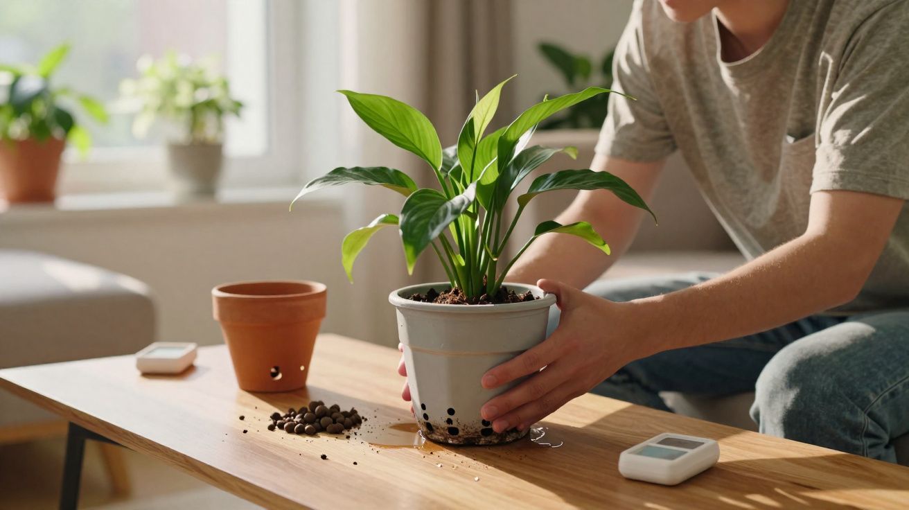Pessoa transplantando planta em vaso branco sobre mesa de madeira clara em ambiente iluminado.