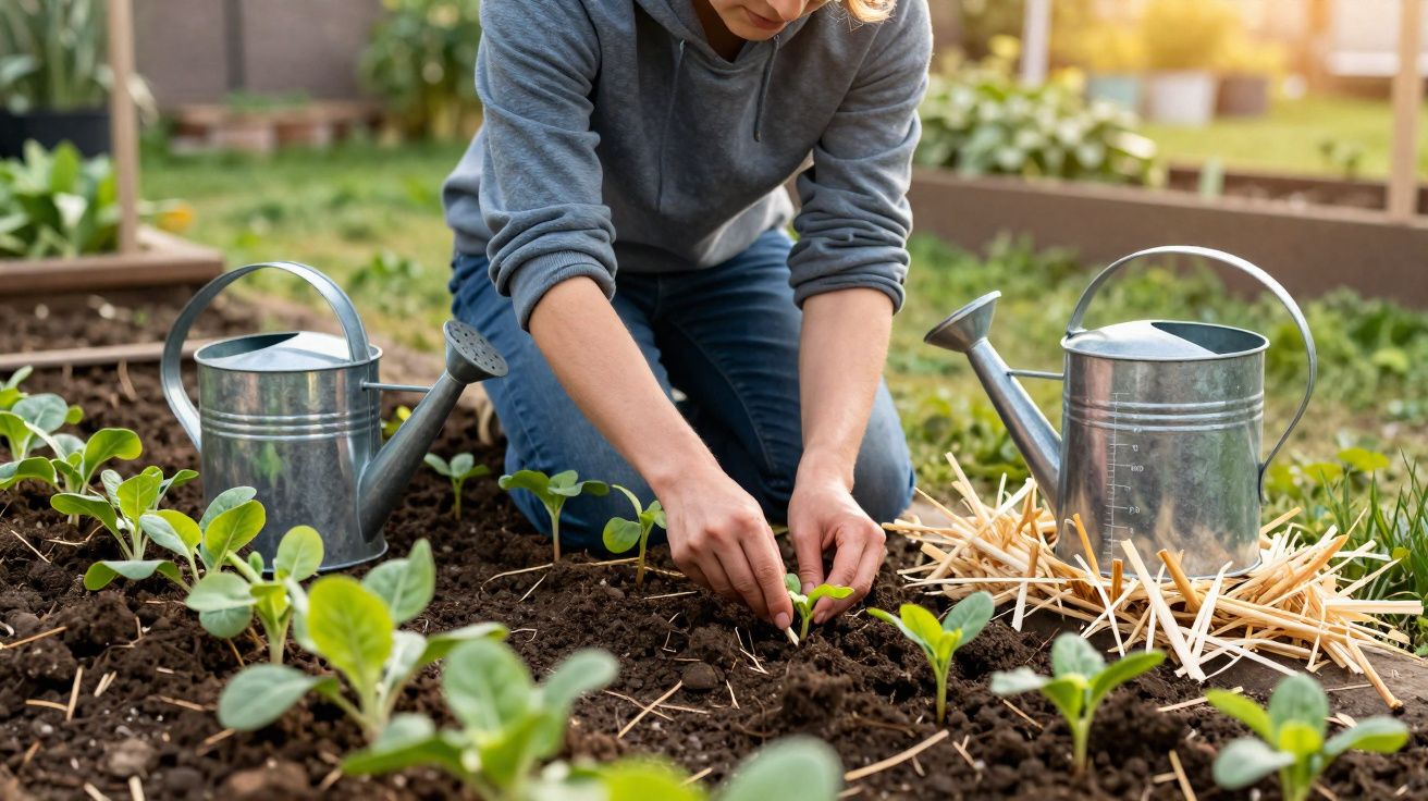Pessoa plantando mudas em canteiro de jardim com regadores metálicos ao lado, em ambiente externo.