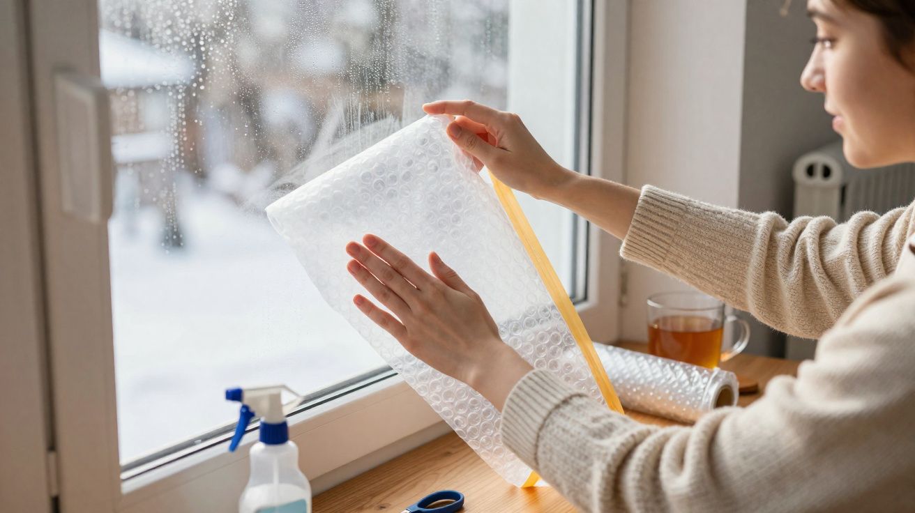 Pessoa aplicando filme bolha transparente em janela durante dia chuvoso para isolamento térmico.