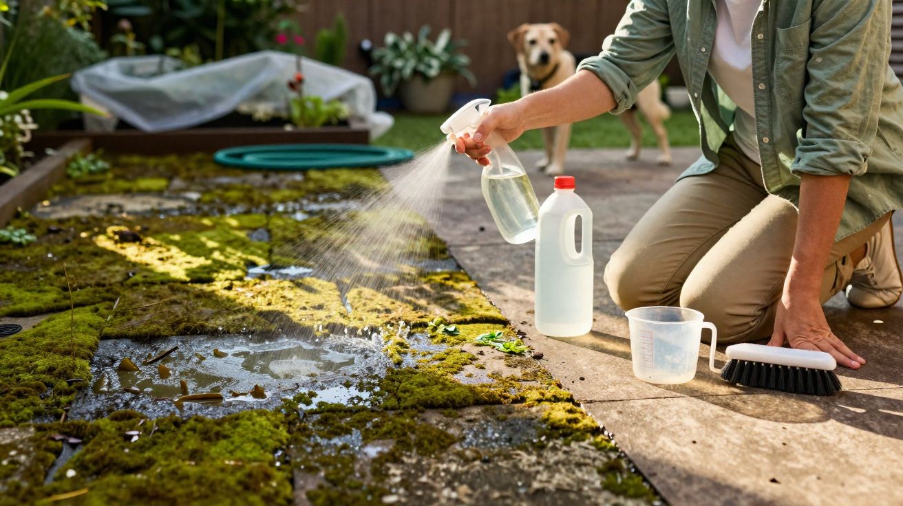 Pessoa borrifando líquido em musgo no chão de jardim com escova e cachorro ao fundo.