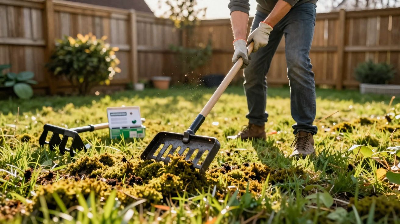 Pessoa usando rastelo para cuidar do jardim em quintal gramado com cerca de madeira ao fundo.