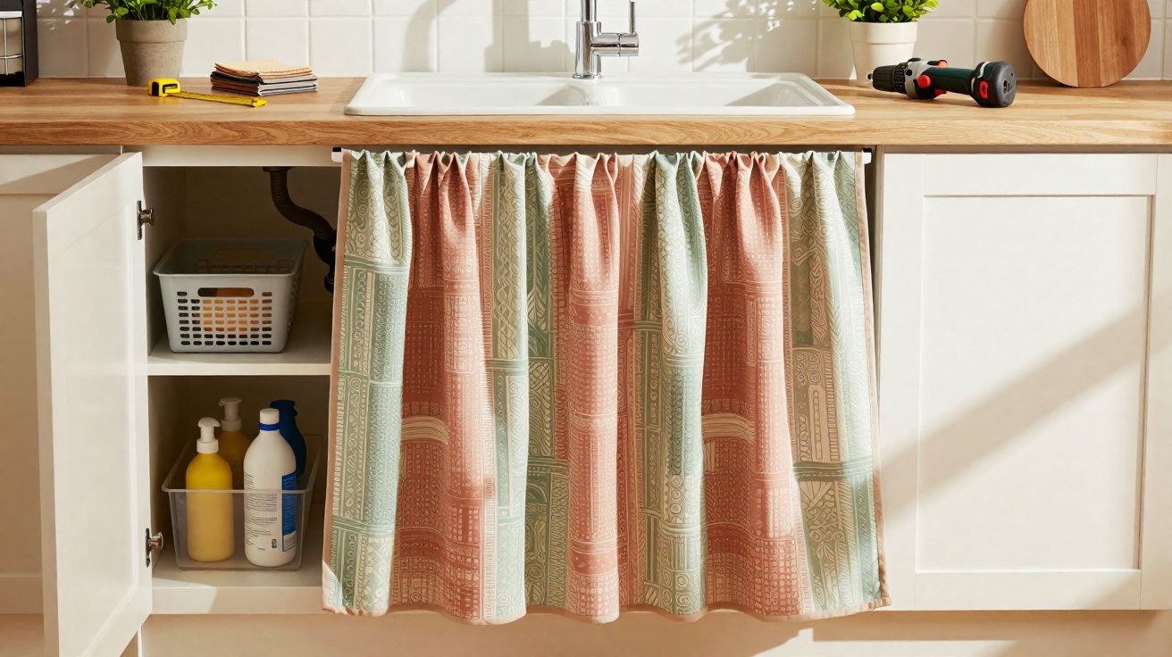 Cozinha com pia, bancada de madeira, cortina colorida pendurada e armário aberto com produtos de limpeza.