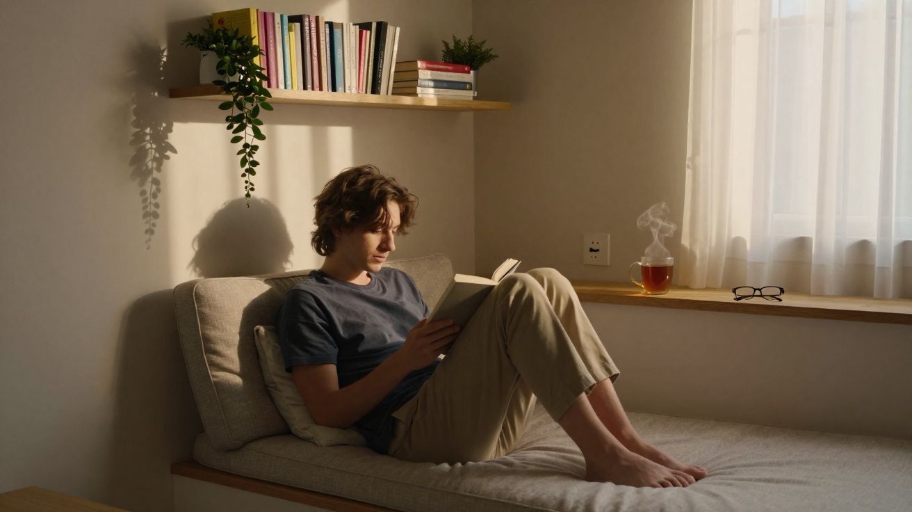 Jovem sentado em sofá lendo livro, ao lado uma janela com cortina branca e uma xícara de chá fumegante.