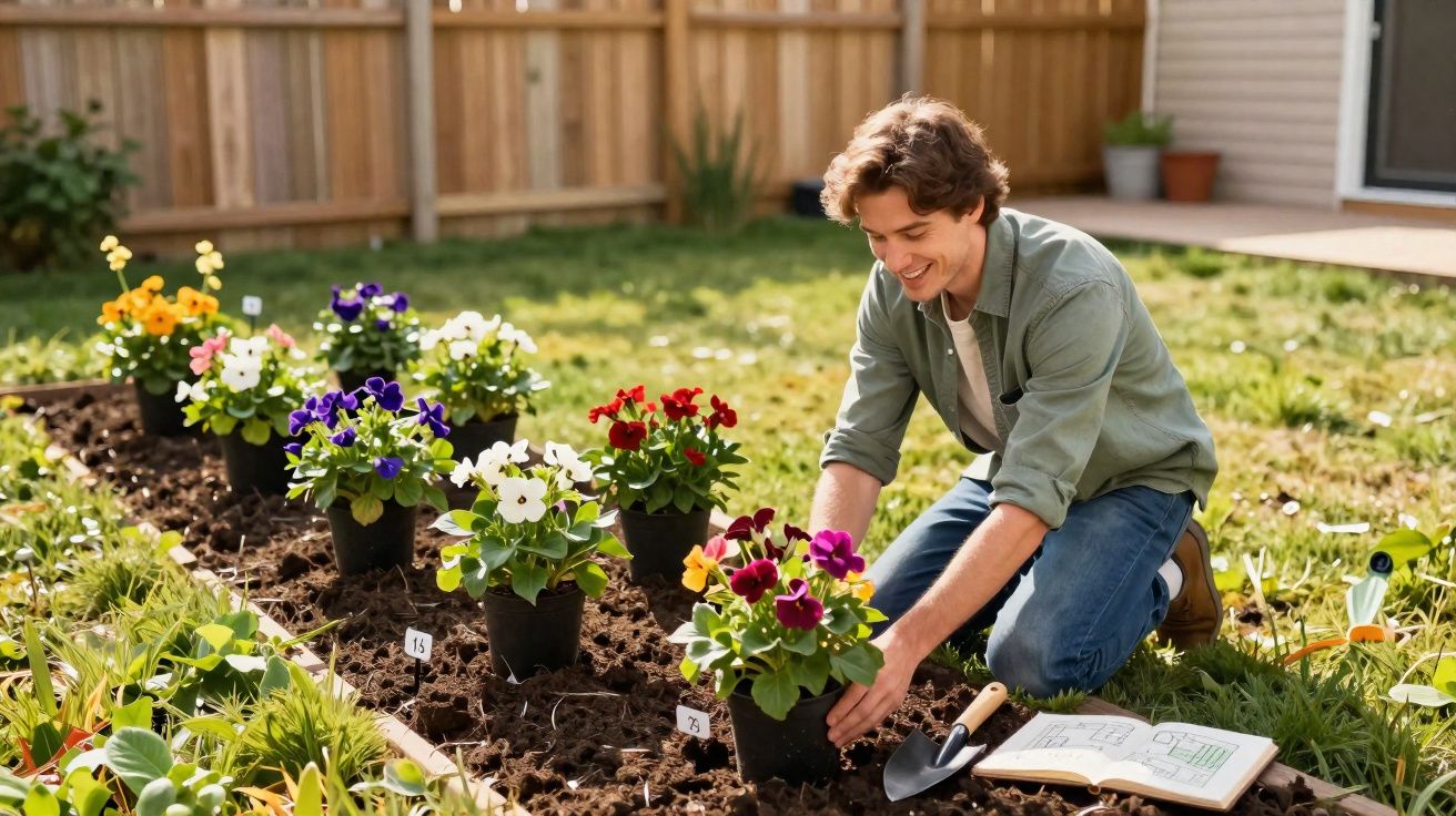 Homem sorridente planta flores coloridas em canteiro no jardim ensolarado de casa.