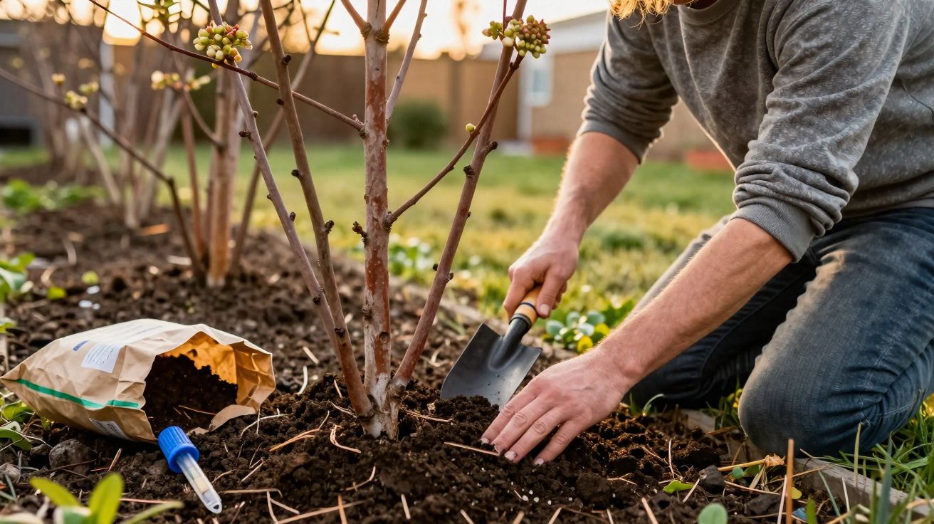 Pessoa usando colher de jardinagem para plantar muda de arbusto em solo fértil em jardim ensolarado.
