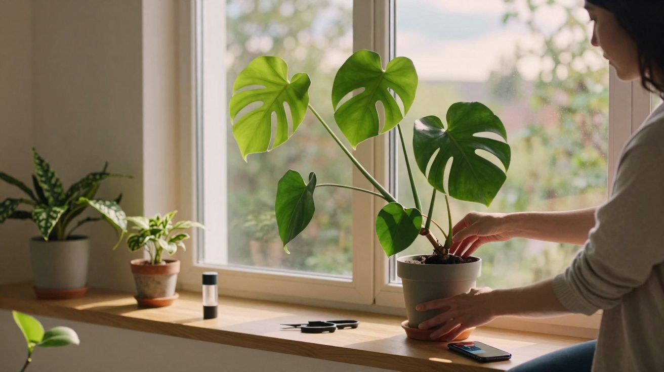 Pessoa cuidando de planta Monstera em vaso próximo a janela com luz natural em peitoril de madeira.