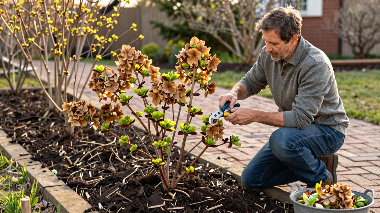 Homem podando arbusto com flores secas em canteiro no jardim durante o dia.
