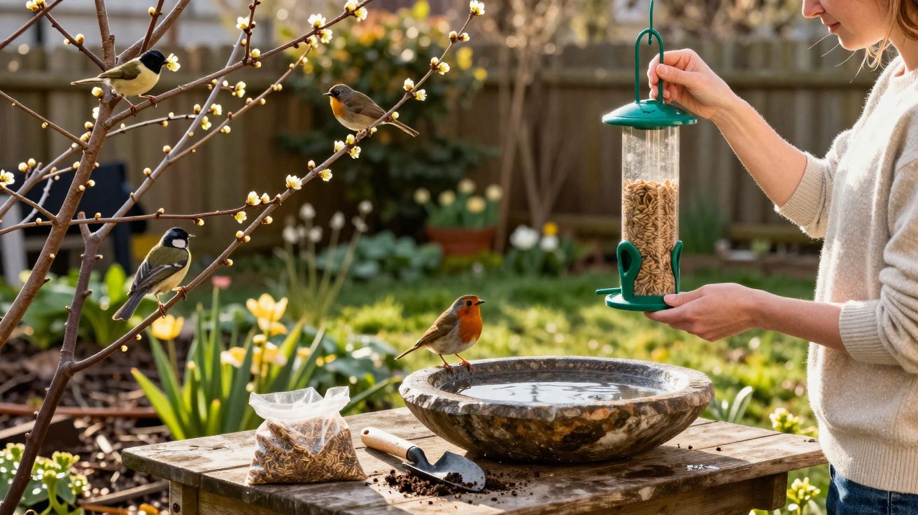 Pessoa alimenta pássaros com comedouro suspenso em jardim com árvores floridas e mesa de madeira.