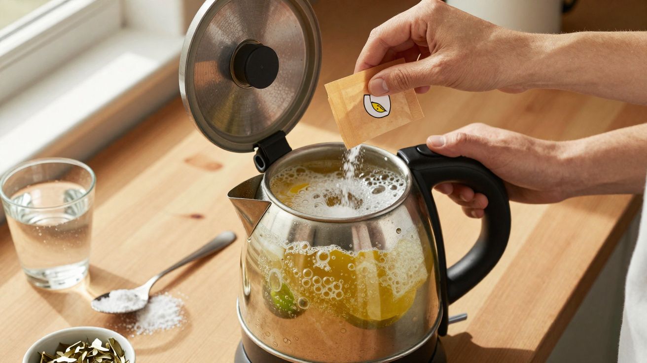 Pessoa adiciona sachê de chá em chaleira elétrica com fatias de limão dentro em bancada de cozinha.