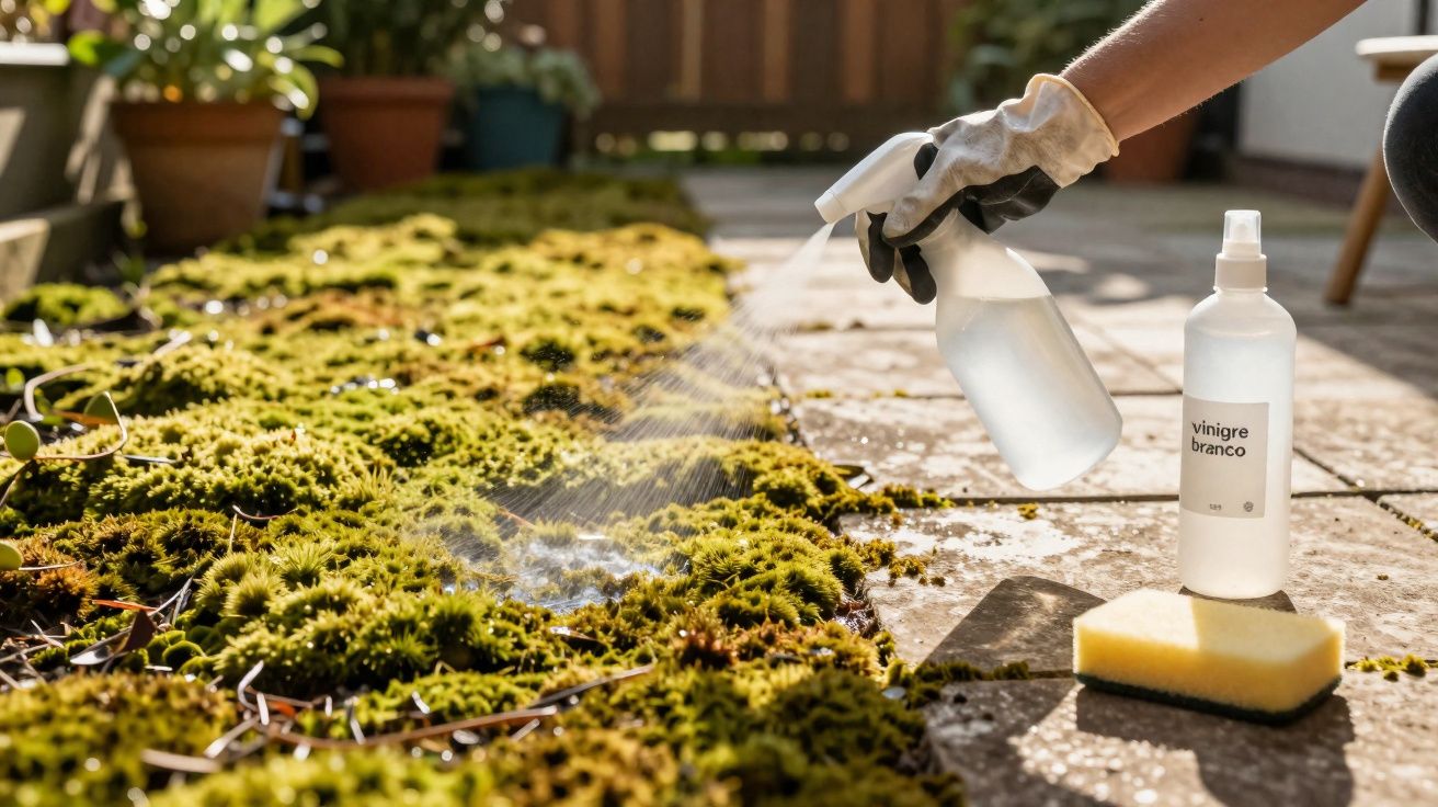 Pessoa com luva borrifando vinagre branco sobre musgo em calçada, ao lado de esponja.