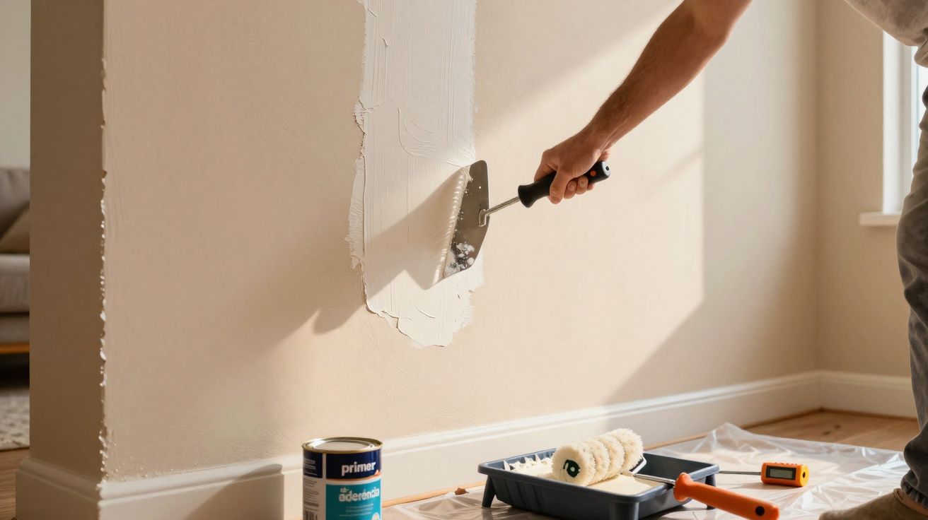 Pessoa aplicando massa corrida branca em parede bege durante reforma residencial.