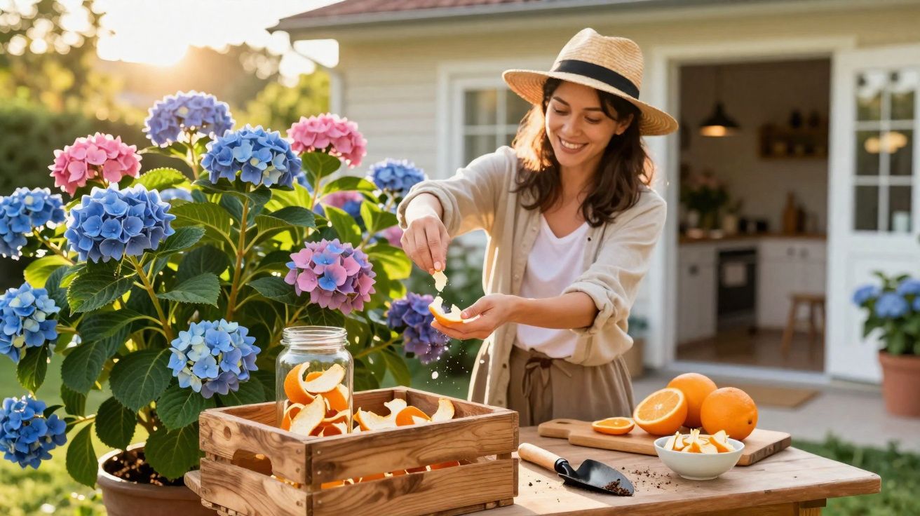 Mulher sorridente preparando cascas de laranja ao sol em jardim com hortênsias coloridas.