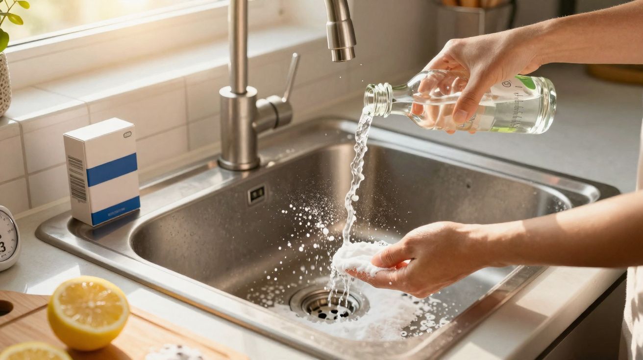 Pessoa despejando líquido transparente em uma pia de cozinha com limões cortados ao lado.