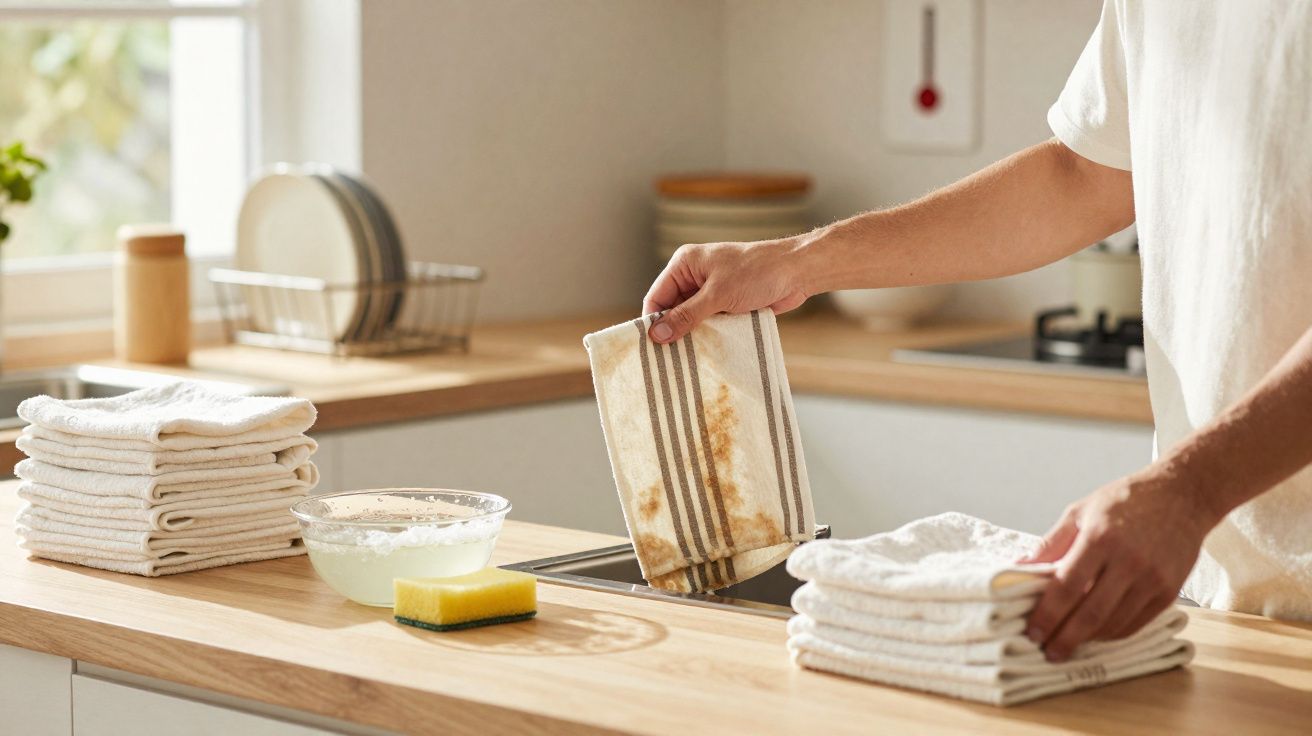 Pessoa segurando pano de prato sujo e pilha de panos limpos sobre bancada de cozinha.