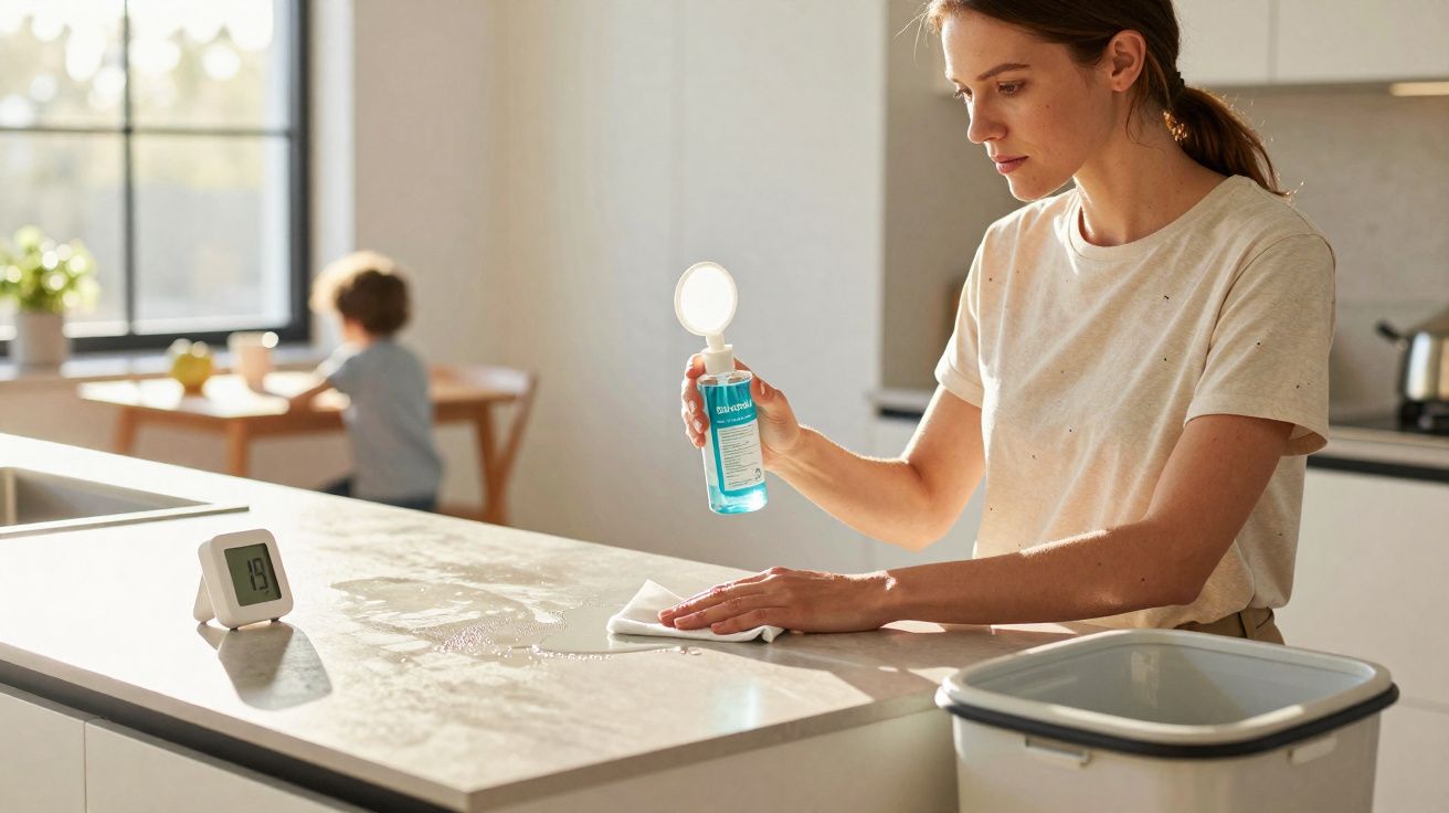Mulher limpando bancada da cozinha com pano e produto de limpeza, criança ao fundo na mesa.