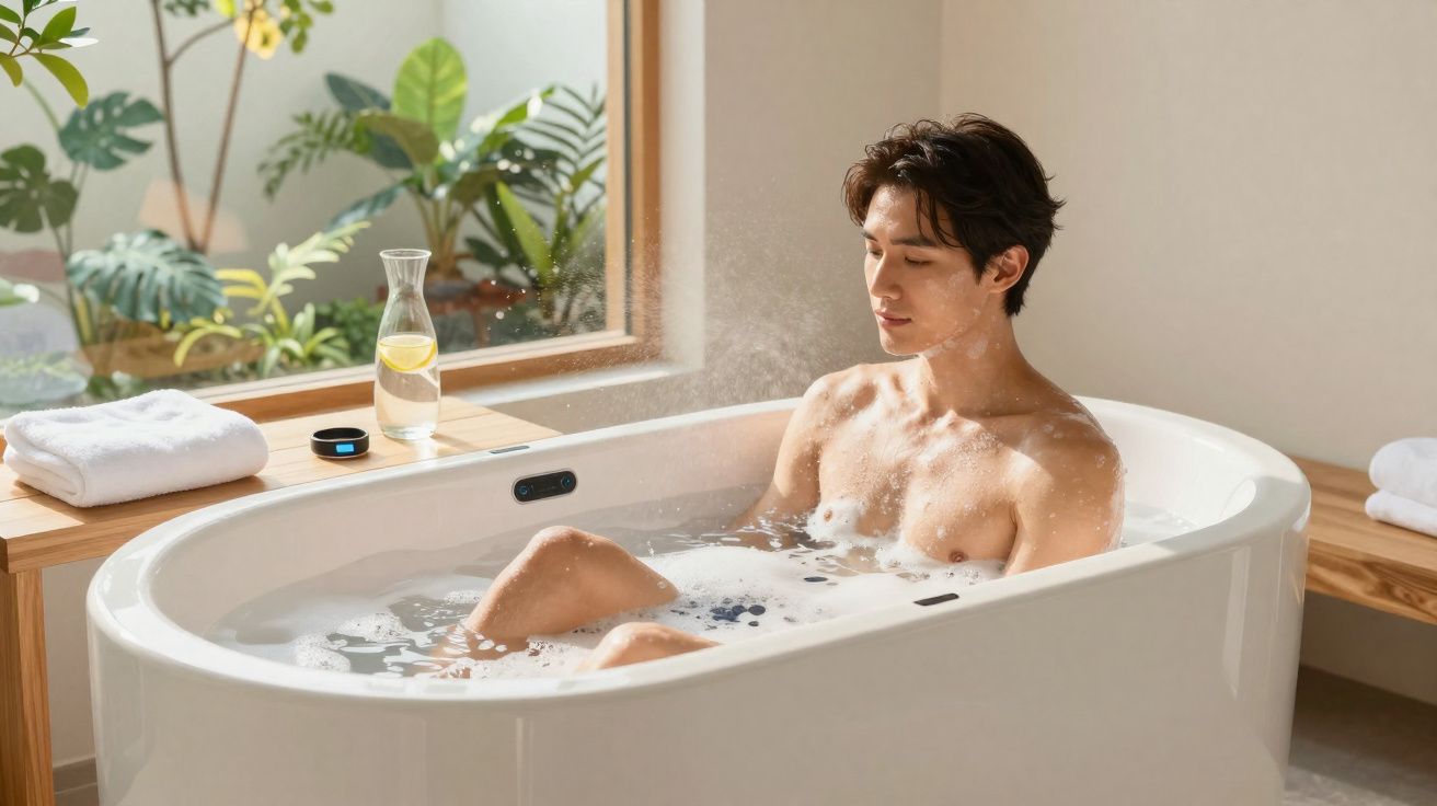 Homem relaxando em banheira branca com espuma em banheiro iluminado por janela e plantas ao fundo.