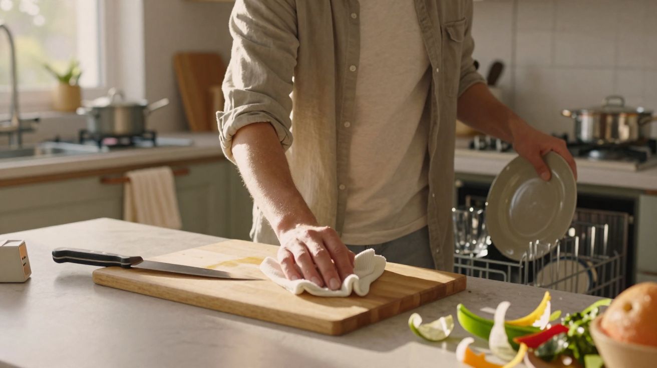 Pessoa limpando tábua de corte na cozinha com pratos sujos e vegetais ao redor.