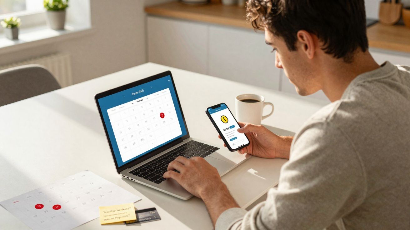 Homem usando laptop e celular para conferir calendário e lembretes em ambiente iluminado.