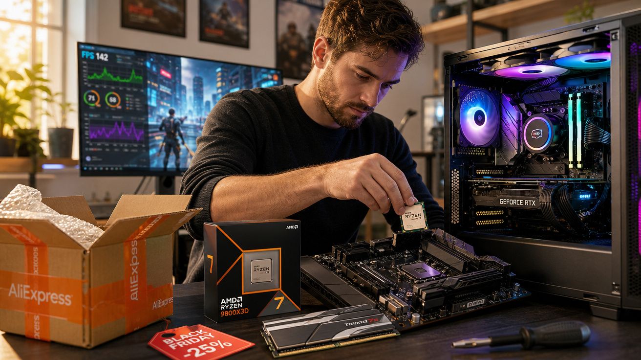 Homem instala processador AMD Ryzen em placa-mãe com caixa de computador gamer e monitor ao fundo.