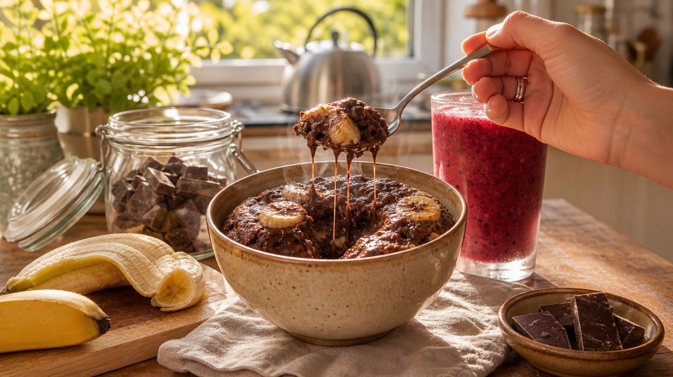 Pote de mingau de banana com chocolate derretido, frutas e smoothie vermelho ao fundo em mesa de madeira.