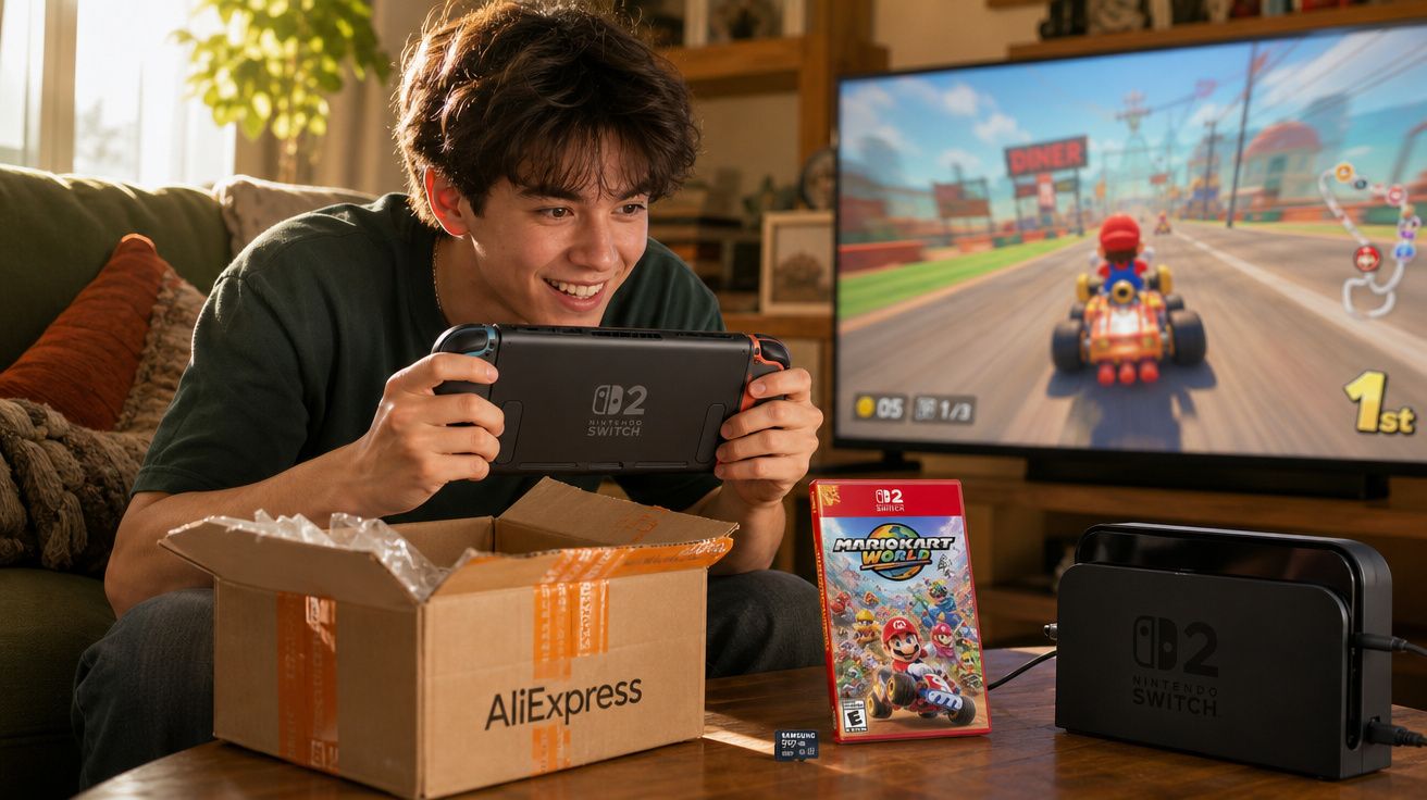 Jovem feliz jogando Nintendo Switch 2 recém-recebido, com jogo Mario Kart World na TV e caixa da AliExpress.