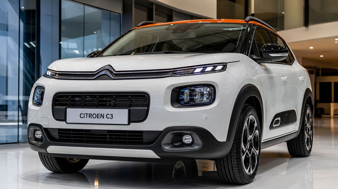Carro Citroën C3 branco com detalhes laranja estacionado em showroom moderno.