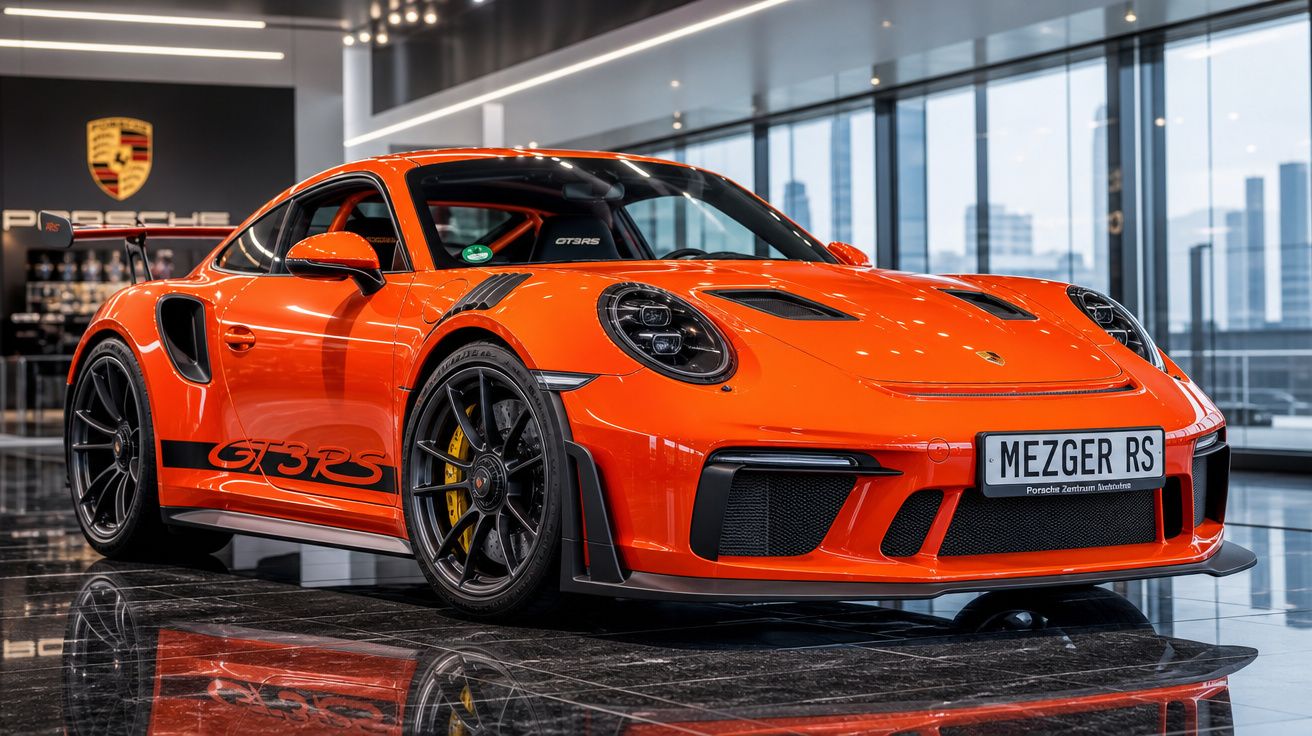 Carro esportivo Porsche 911 GT3 RS laranja em showroom com reflexo no piso de mármore preto.