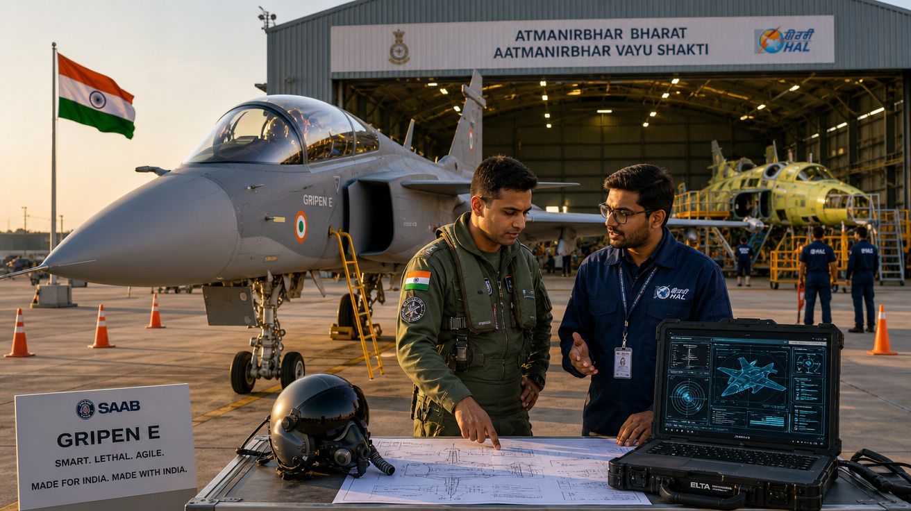 Dois homens analisando um mapa técnico diante de um caça Gripen E na rampa de um hangar militar na Índia.