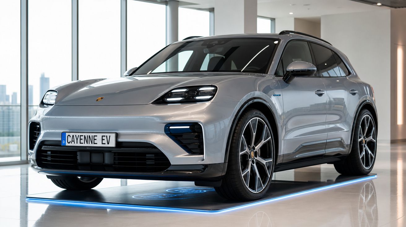 SUV elétrico Porsche Cayenne EV prata exibido em showroom moderno com grandes janelas.